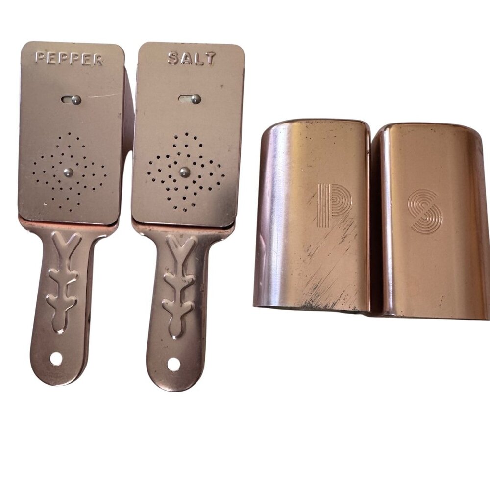 Vintage Copper Aluminum Salt & Pepper Shakers With Handles Set of 2 Retro MCM